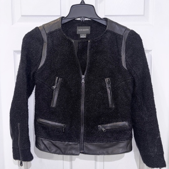 Club Monaco Jackets & Blazers - Club Monaco Motorcycle Jacket Womens SZ0 Black Wool Boucle Lambskin Leather Trim